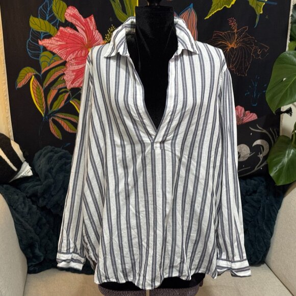 H&M V-Neck 100% Cotton Woven Striped Tunic Shirt, White & Blue with Pink, 12 - Picture 8 of 15